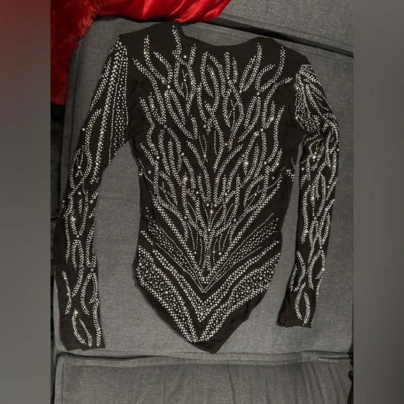 Slightly Padded shoulder-  Bodysuit with Silver Embellished Long Sleeves - Picture 1 of 1